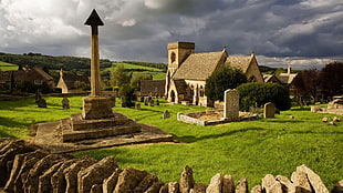 brown concrete house and tower, graveyards, architecture, church, England HD wallpaper