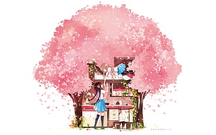 pink tree painting, kitchen, cherry blossom, school uniform, skirt HD wallpaper