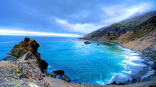 blue and white sea waves, landscape, coast, horizon, sea