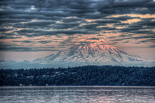 blue and gray scale mountain with fog scenery