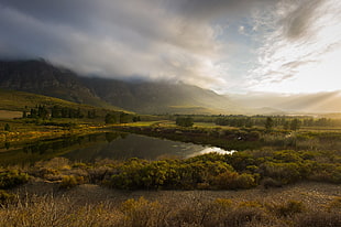 landscape photography of green field surrounding lake, landscape, nature, mountains, sky