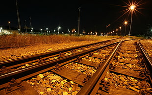 gray train rails, railway, lights, night HD wallpaper