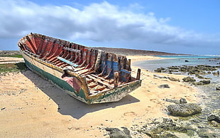 brown and green boat, Baby Beach, Aruba, beach, nature