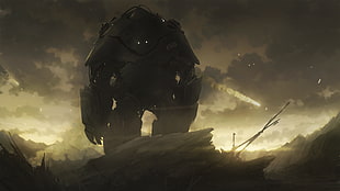 black robot wallpaper, mech, apocalyptic, science fiction, colossus