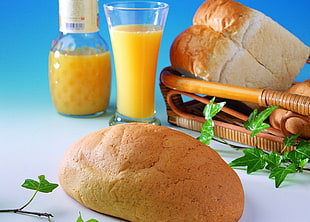 bread beside juice-filled glass, and pitcher HD wallpaper