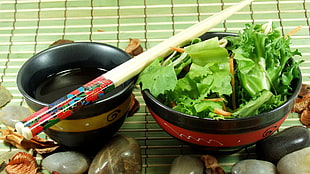 brown and red chopsticks on black bowl with green vegeatbles HD wallpaper
