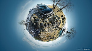 blue car illustration, artwork, panoramic sphere, car, trees HD wallpaper