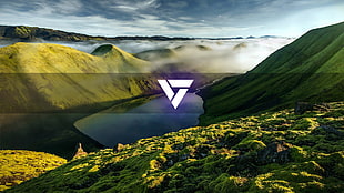 purple triangular logo, landscape HD wallpaper