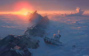 wrecked ship on snow, Vitaly S Alexius, ship, sunset, sea HD wallpaper