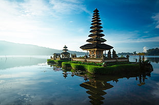 brown temple, photography, water, reflection, Bali HD wallpaper