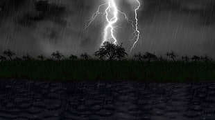 illustration of lightning, rain, storm, lake, lights HD wallpaper