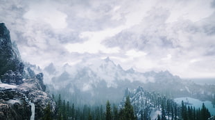 green pine trees near mountain alps, The Elder Scrolls V: Skyrim, landscape, nature