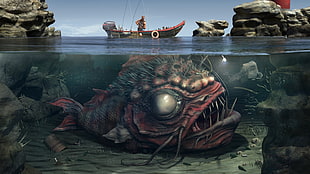 man fishing with fish 3D wallpaper, digital art, water, boat, creature HD wallpaper