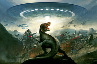 gray tyrannosaurus rex digital illustration, aliens, digital art, flying saucers, spaceship HD wallpaper