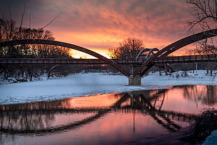 gray steel bridge during golden hour HD wallpaper