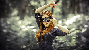 woman in black elbow-sleeved shirt wearing black masquerade mask HD wallpaper
