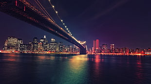 black bridge near cityscape at night time HD wallpaper