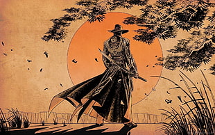 man wearing hat holding sword painting HD wallpaper