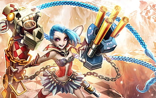 blue haired anime character illustration, Jinx (League of Legends), blue hair, weapon, fan art