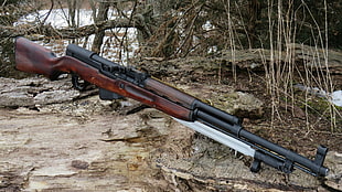 brown and black rifle, gun, SKS, bayonet HD wallpaper