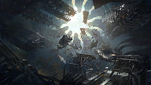 buildings being sucked in spacecraft illustration HD wallpaper