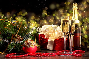 white and beige labeled glass champagne bottle with glasses, Christmas HD wallpaper