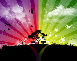 silhouette of trees and planes, war, peace, Yin and Yang, splitting HD wallpaper