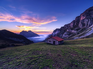 brown and red house, sky, mountains, sunlight, nature