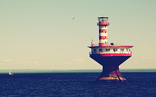 white and red lighthouse, lighthouse, sea HD wallpaper
