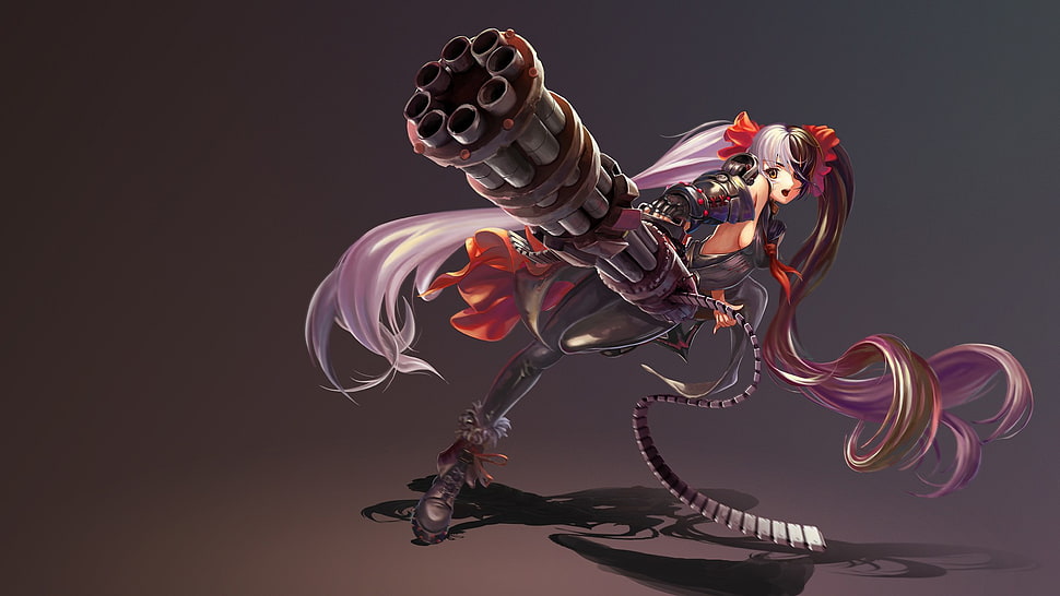 purple-haired female anime character carrying gatling gun wallpaper HD wallpaper