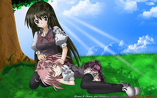 sleeping woman on black-haired anime female character lap HD wallpaper