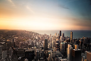 brown and white wooden table, Chicago, cityscape, building, sea