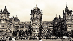 grayscale photo of cathedral, Mumbai, monochrome, old building, car HD wallpaper