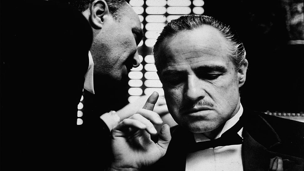 grayscale photo of two men, The Godfather, monochrome, Marlon Brando, Vito Corleone HD wallpaper