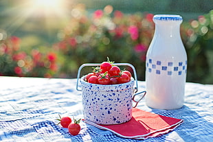 red cherry on white ceramic container near white ceramic bottle on white and blue table cloth during day time HD wallpaper