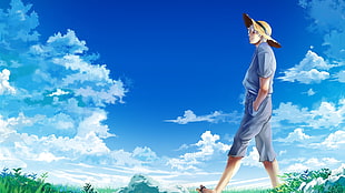 anime character on green grass under blue and white cloudy skyt HD wallpaper