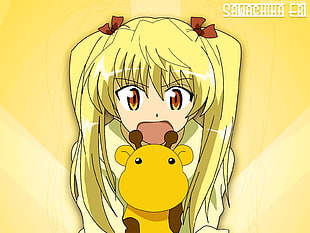 blonde anime girl holding giraffe plush toy graphic illustration