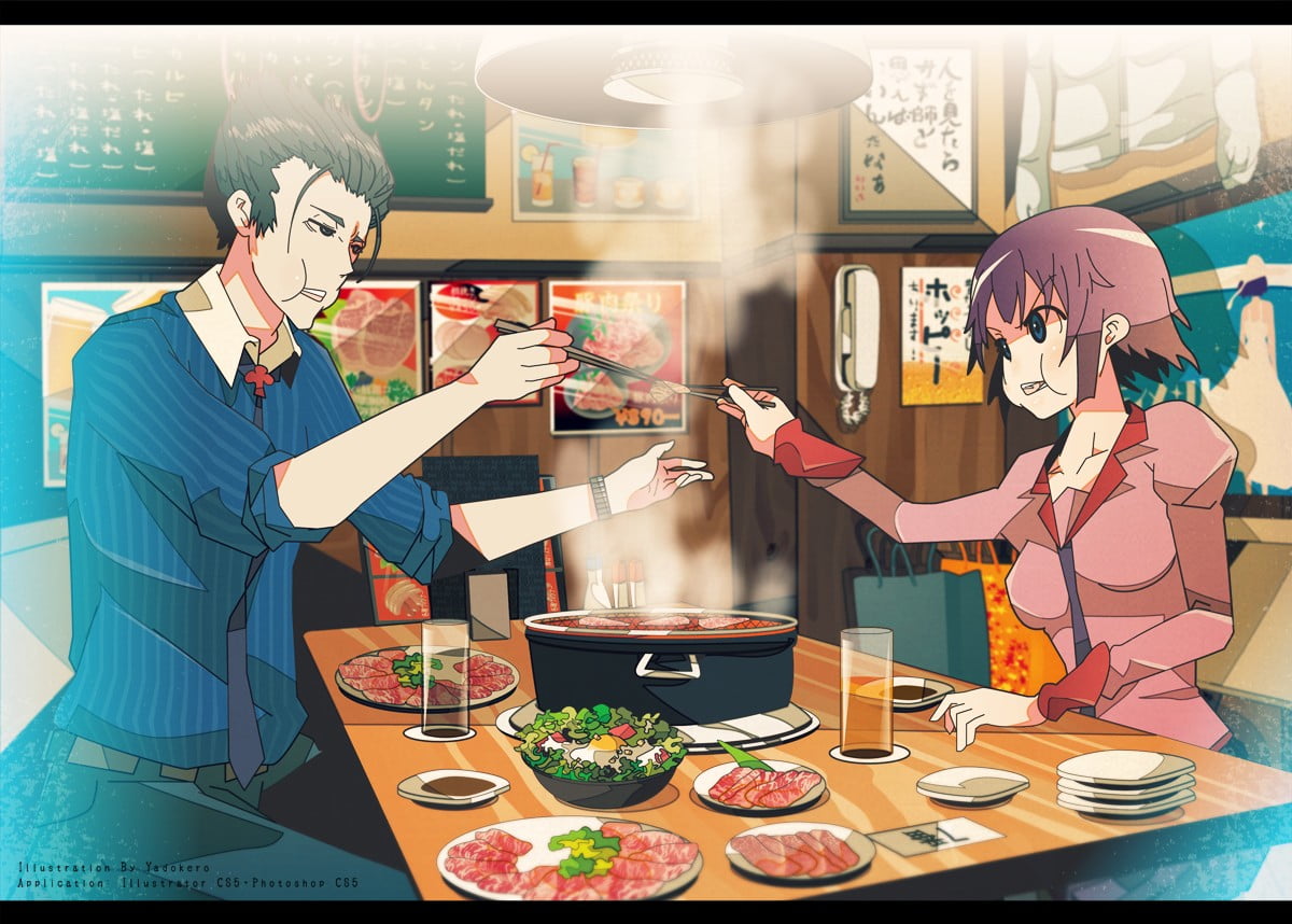 white and red wooden table, Monogatari Series, Senjougahara Hitagi, Kaiki Deishu, anime