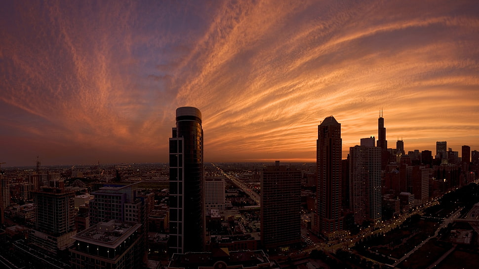 city buildings during dusk HD wallpaper