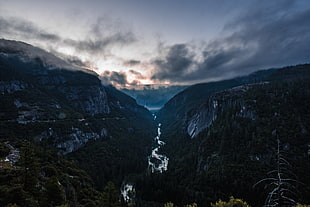 gray mountain, Mountains, River, Fog HD wallpaper