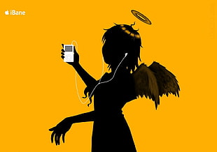 angel wearing white earphones holding MP3 player illustration, Haibane Renmei, orange background, Ipod, Rakka HD wallpaper