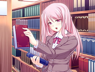 pink haired female animated character inside library HD wallpaper