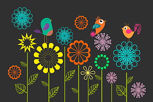 art photography of birds perching on flowers illustration HD wallpaper