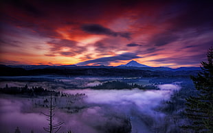 gray mountain under sunset, nature, landscape, sunset, mist