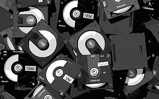 gray compact disc lot with case, monochrome, Storage, optical media, Photoshop HD wallpaper