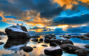 gray rock formations on shore, nature, landscape, water