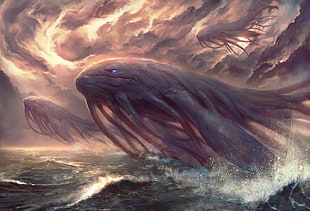 gray sea monster digital wallpaper, fantasy art, sea, clouds HD wallpaper
