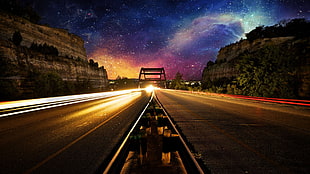 gray asphalt road, nebula, space, lights, road