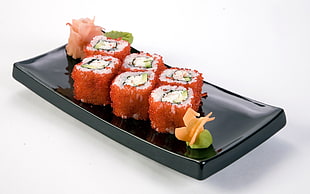 six sushi on ceramic plate HD wallpaper