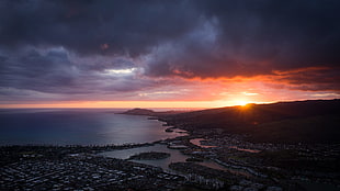 sunset and body of water, nature, Hawaii, landscape, mountains